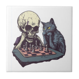 Skull vs Cat � Funny Chess Battle Ceramic Tile