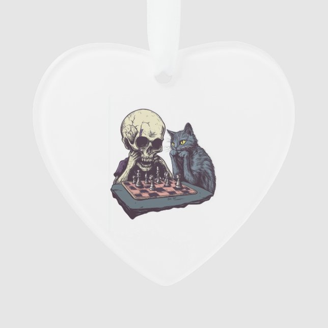 Skull vs Cat � Funny Chess Battle Ornament (Front)