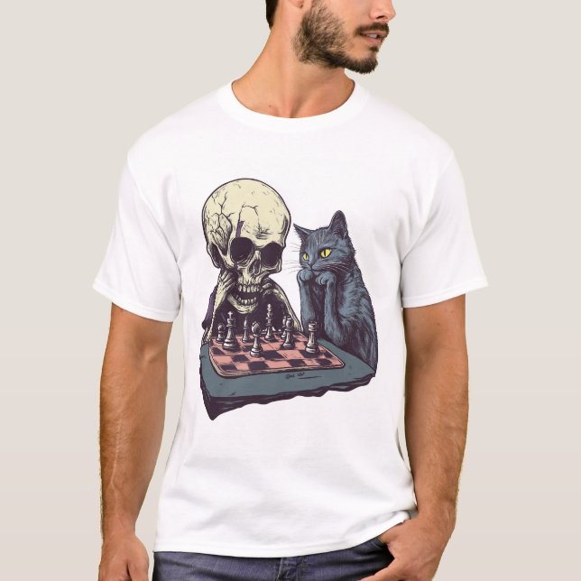 Skull vs Cat � Funny Chess Battle T-Shirt (Front)