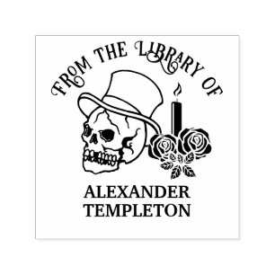 Skull w/ Top Hat Candle Roses #2 Library Book Name Self-inking Stamp