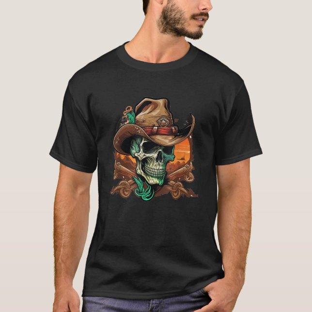 Skull Wearing Cowboy Hat Skeleton T Shirt (Front)