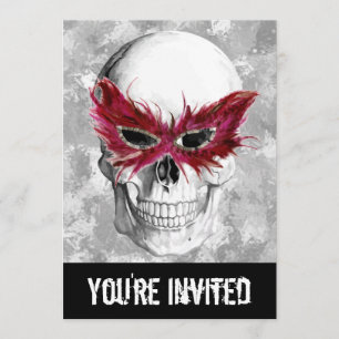 Skull wearing feather mask invitation