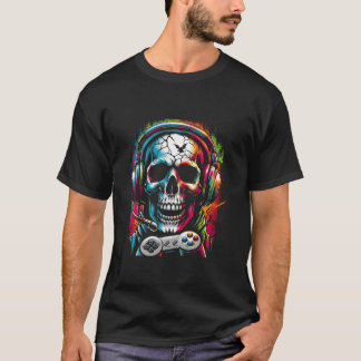 Skull Wearing Headphones Grunge Gamer Colourful Ha T-Shirt