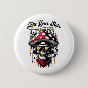 skull wearing mushroom hat 6 cm round badge