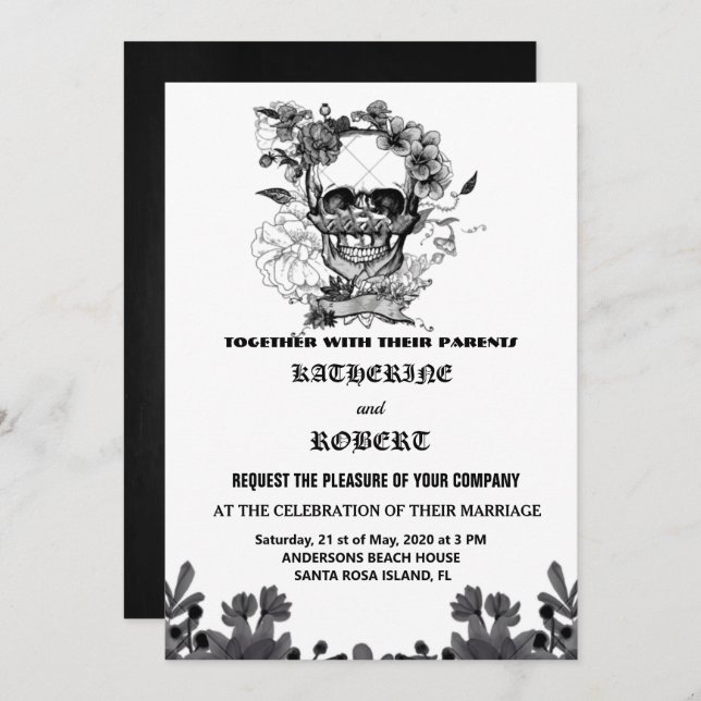 Skull Wedding Halloween Sugar Gothic Floral  Invit Invitation (Front/Back)