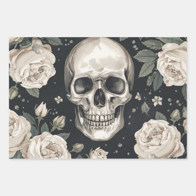 Skull White Rose Wrapping Paper Set of 3 Gothic Fl (Front)