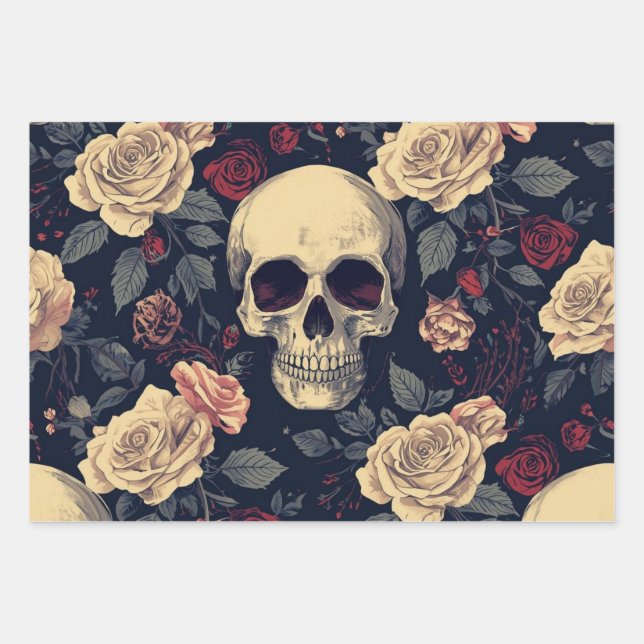 Skull White Rose Wrapping Paper Set of 3 Gothic Fl (Front)