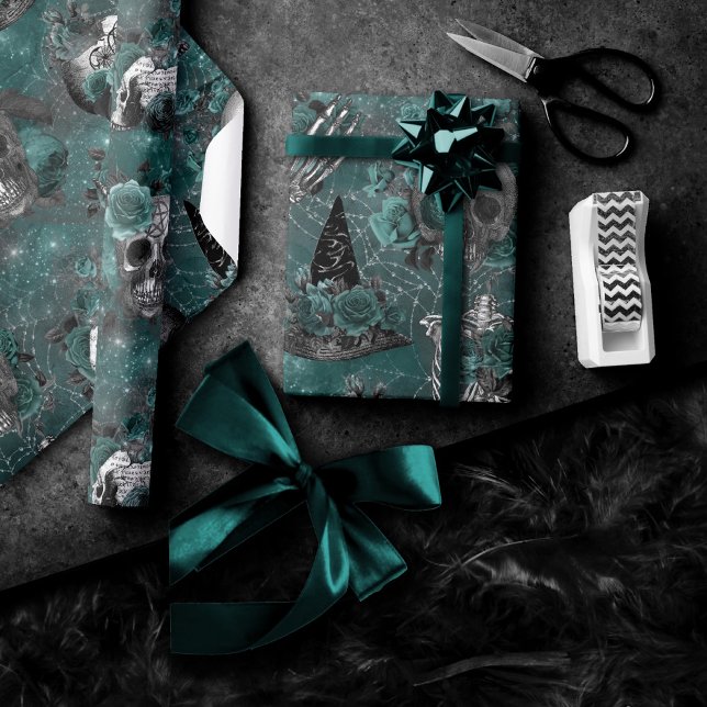 Skull Witch Floral | Dark Gothic Midnight Teal Wrapping Paper (Creator Uploaded)