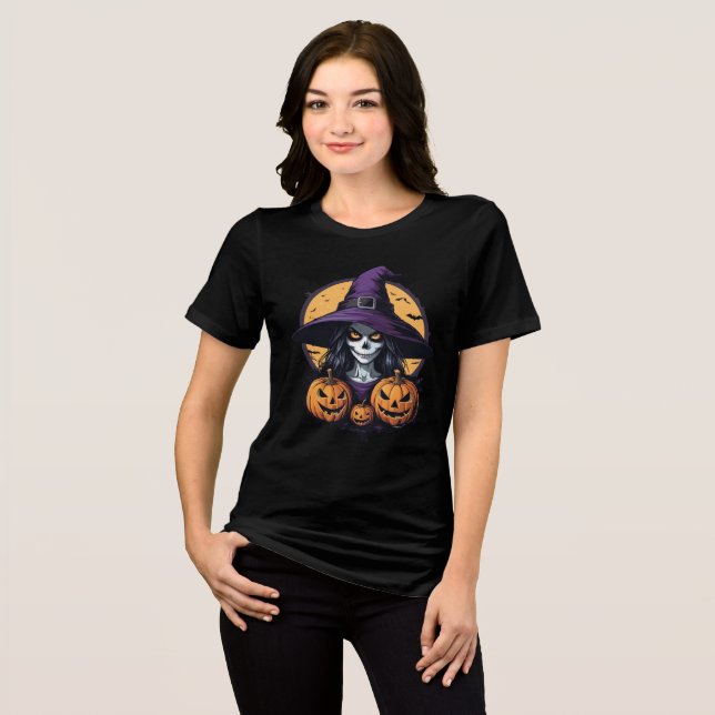 Skull Witch with Pumpkins & Full Moon Tri-Blend Shirt (Front Full)
