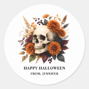 Skull with Autumn Flowers Happy Halloween Classic Round Sticker