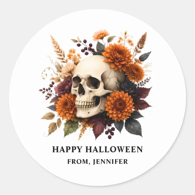 Round Gift Sticker Skull with Autumn Flowers Happy Halloween Classic Round Sticker | Zazzle