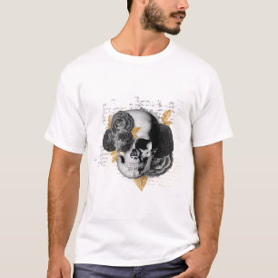 Skull with Black flowers and gold leaves Gothic T-Shirt