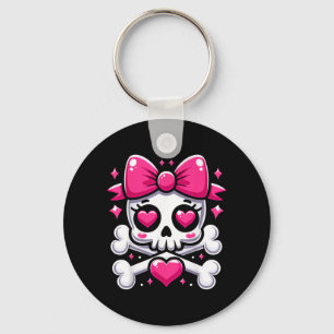 Skull with Bow Pink Girl Skull Halloween Key Ring