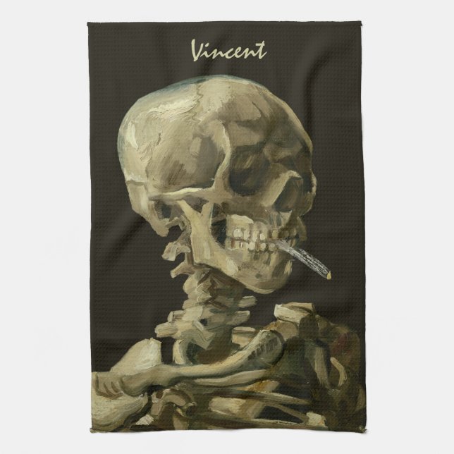Skull with Burning Cigarette by Vincent van Gogh Tea Towel (Vertical)