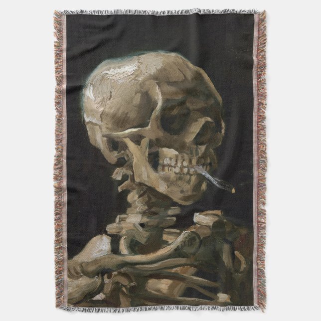 Skull with Burning Cigarette Vincent van Gogh Art Throw Blanket (Front Vertical)