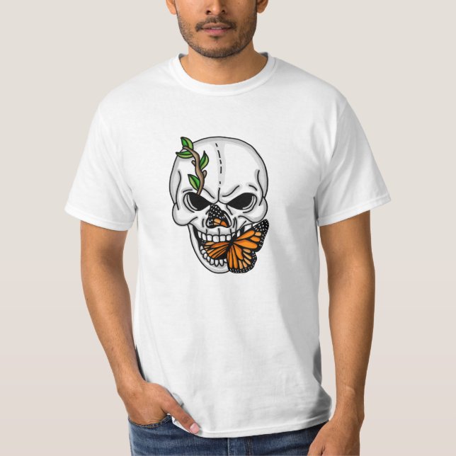 Skull with Butterfly Digital Art T-Shirt (Front)