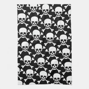 Skull with cross bones skull on black background tea towel
