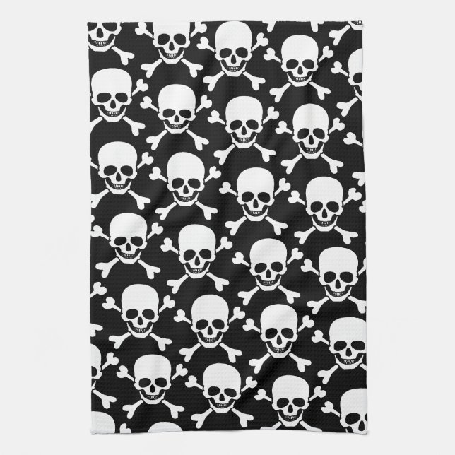 Skull with cross bones skull on black background tea towel (Vertical)