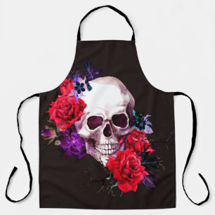 Skull with dark flowers branches and red roses sea apron