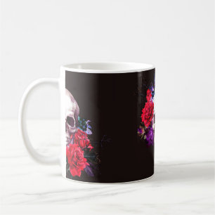 Skull with dark flowers branches and red roses sea coffee mug