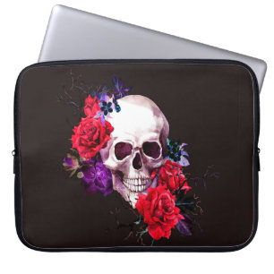 Skull with dark flowers branches and red roses sea laptop sleeve