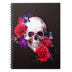 Skull with dark flowers branches and red roses sea notebook