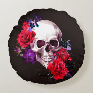 Skull with dark flowers branches and red roses sea round cushion
