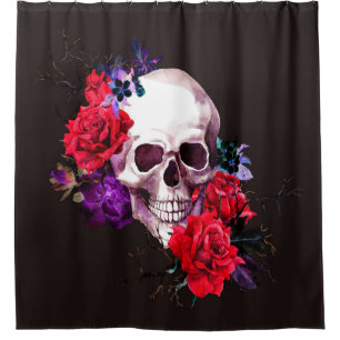 Skull with dark flowers branches and red roses sea shower curtain