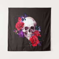 Skull with dark flowers branches and red roses sea