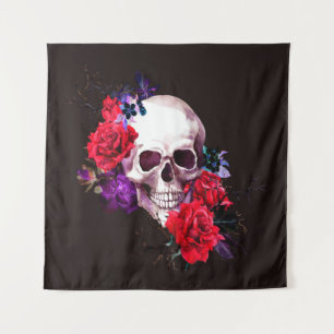 Skull with dark flowers branches and red roses sea tapestry