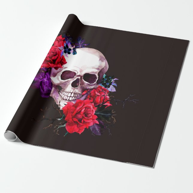 Skull with dark flowers branches and red roses sea wrapping paper (Unrolled)