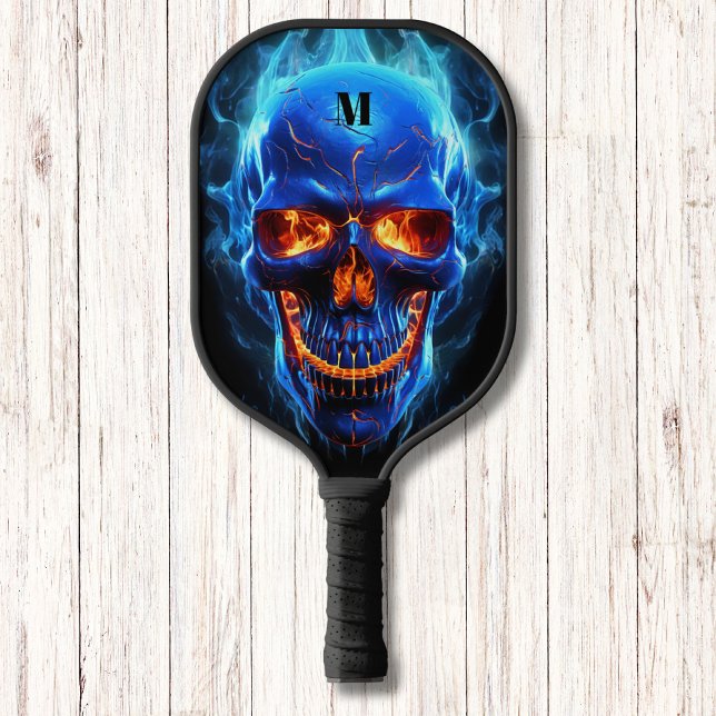 Skull with Flames Black Blue Modern Monogram Pickleball Paddle (Creator Uploaded)