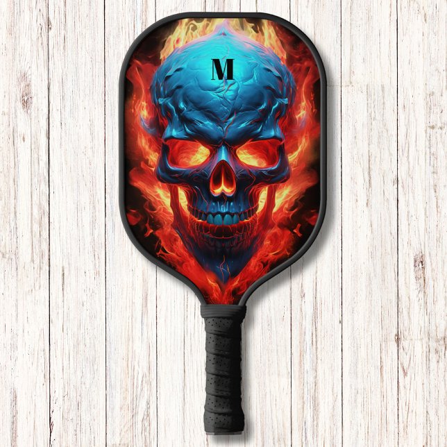 Skull with Flames Modern Monogram Pickleball Paddle (Creator Uploaded)