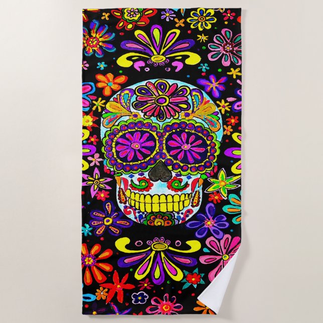 Skull with flowers Beach Towel (Front)