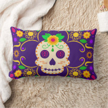 Skull with Flowers Día de los Muertos Throw Pillow
