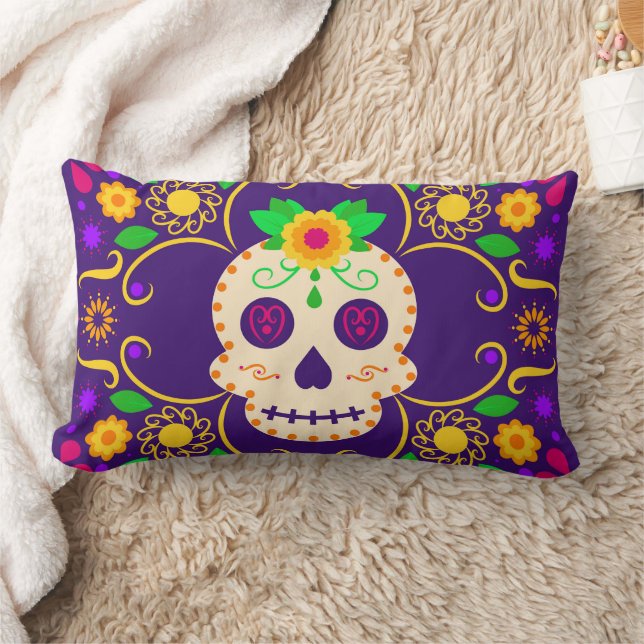 Skull with Flowers Día de los Muertos Throw Pillow (Blanket)