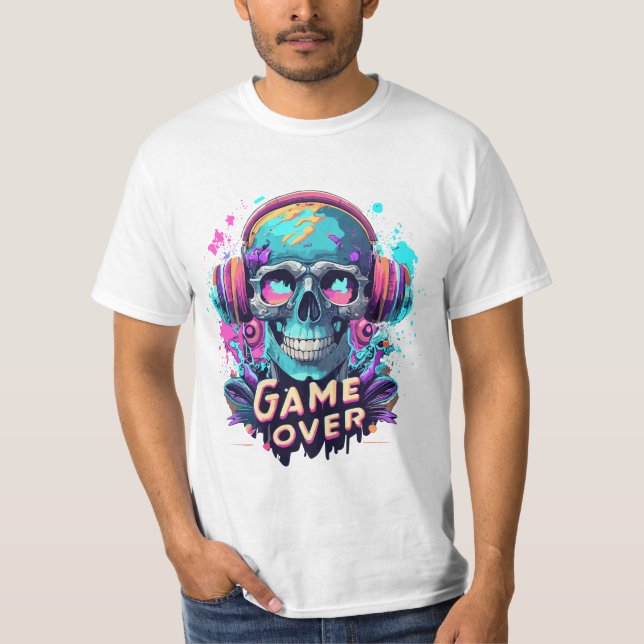 Skull With Gamer Headphones Cartoon Style Design T-Shirt (Front)