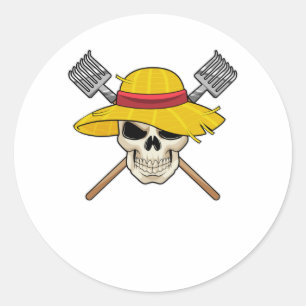 Skull with Hat as Farmer with Rake Classic Round Sticker