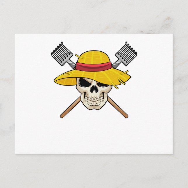 Skull with Hat as Farmer with Rake Postcard (Front)