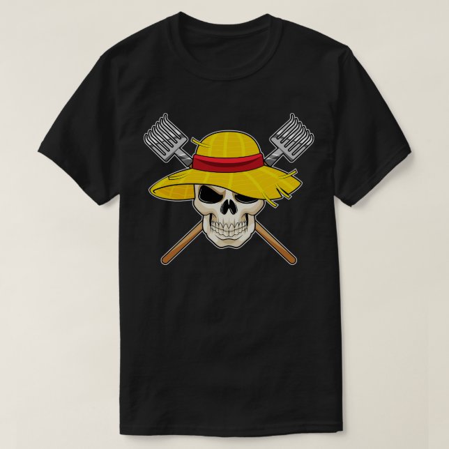 Skull with Hat as Farmer with Rake T-Shirt (Design Front)