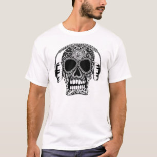 Skull with Headphones Black and White Music T-Shirt