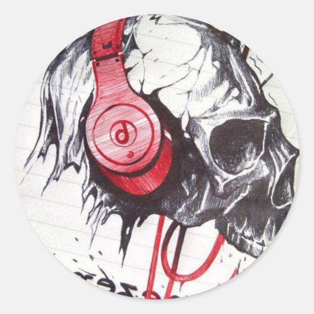 Skull with Headphones Design Classic Round Sticker (Front)
