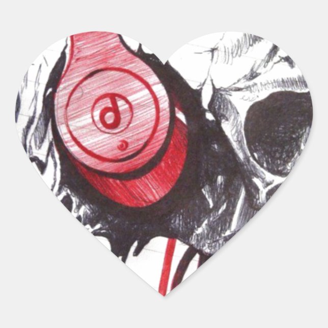 Skull with Headphones Design Heart Sticker (Front)