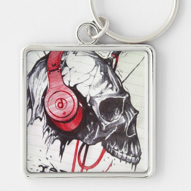 Skull with Headphones Design Key Ring (Front)