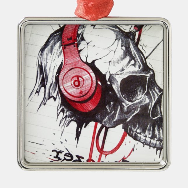 Skull with Headphones Design Metal Ornament (Front)