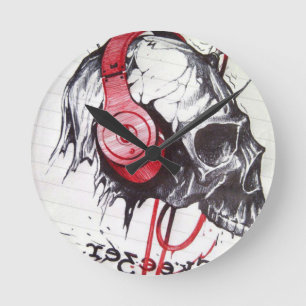 Skull with Headphones Design Round Clock