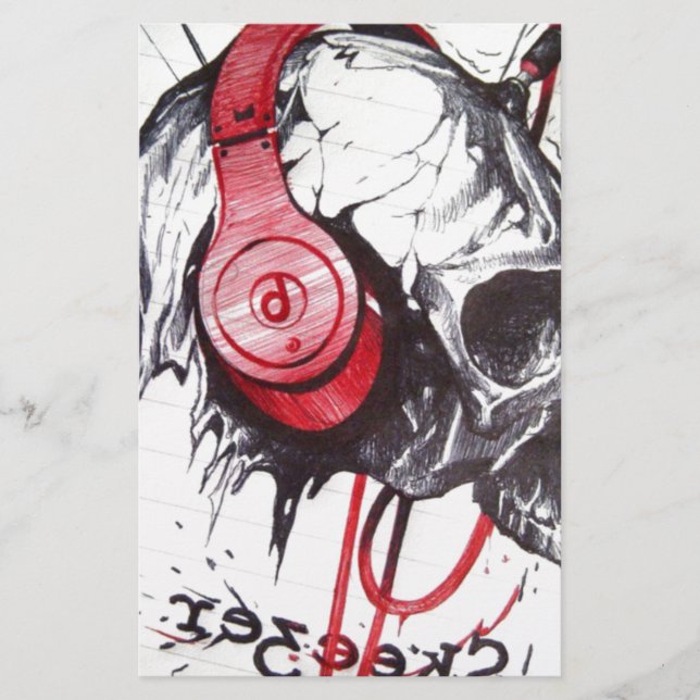 Skull with Headphones Design Stationery (Front)
