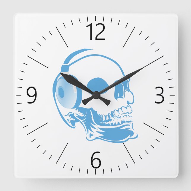 Skull with headphones square wall clock (Front)