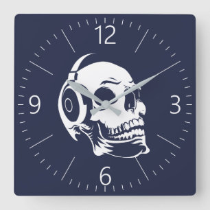 Skull with headphones square wall clock