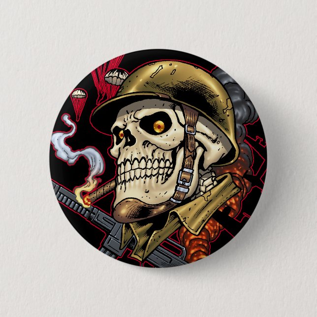 Skull with Helmet, Aeroplanes and Bombs 6 Cm Round Badge (Front)